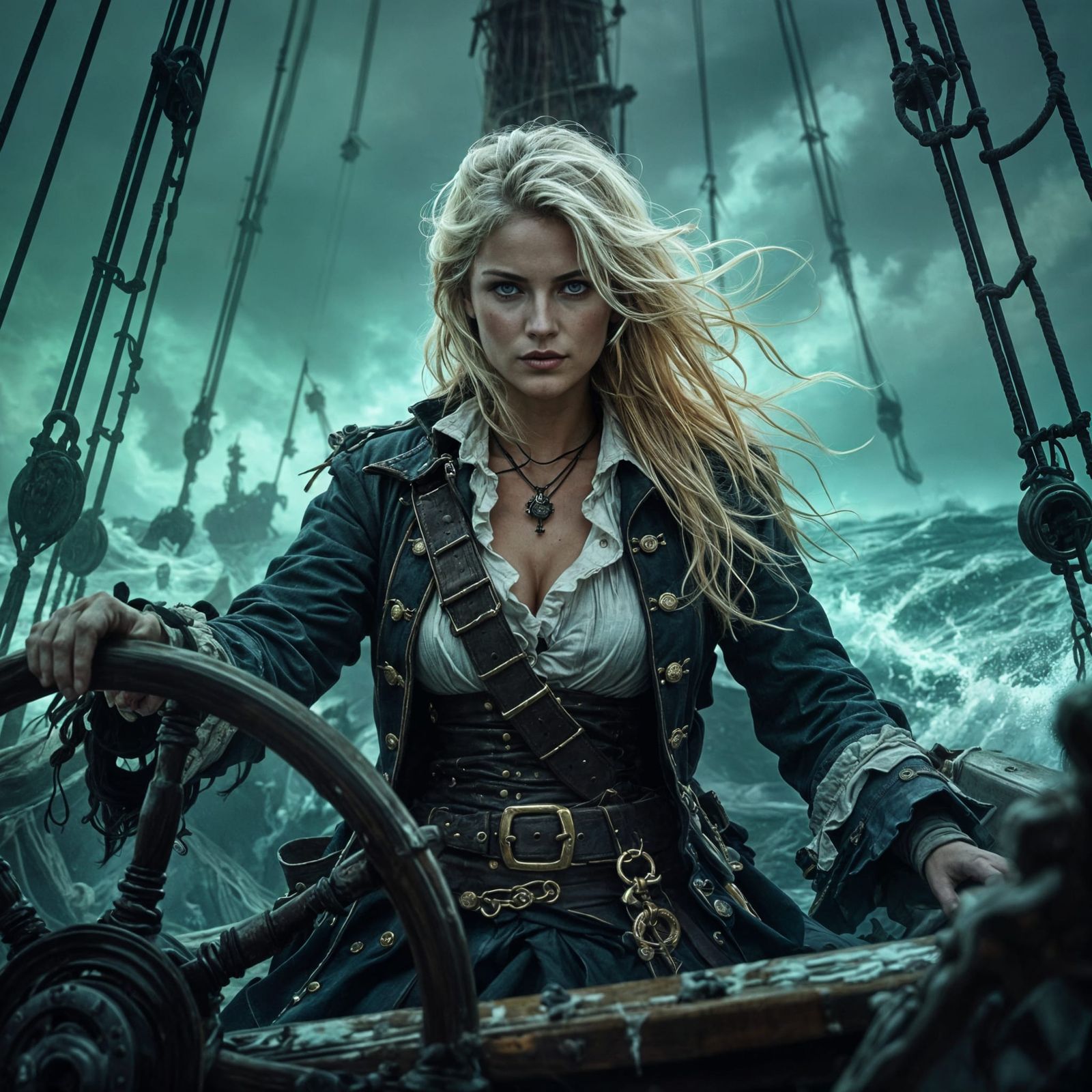 Spectral Pirate Captain on Ghost Ship in Stormy Seas