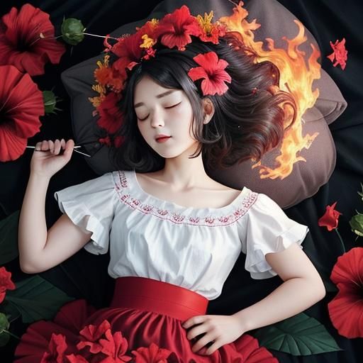 Hibiscus Dream: Woman Asleep in Floral Fantasy