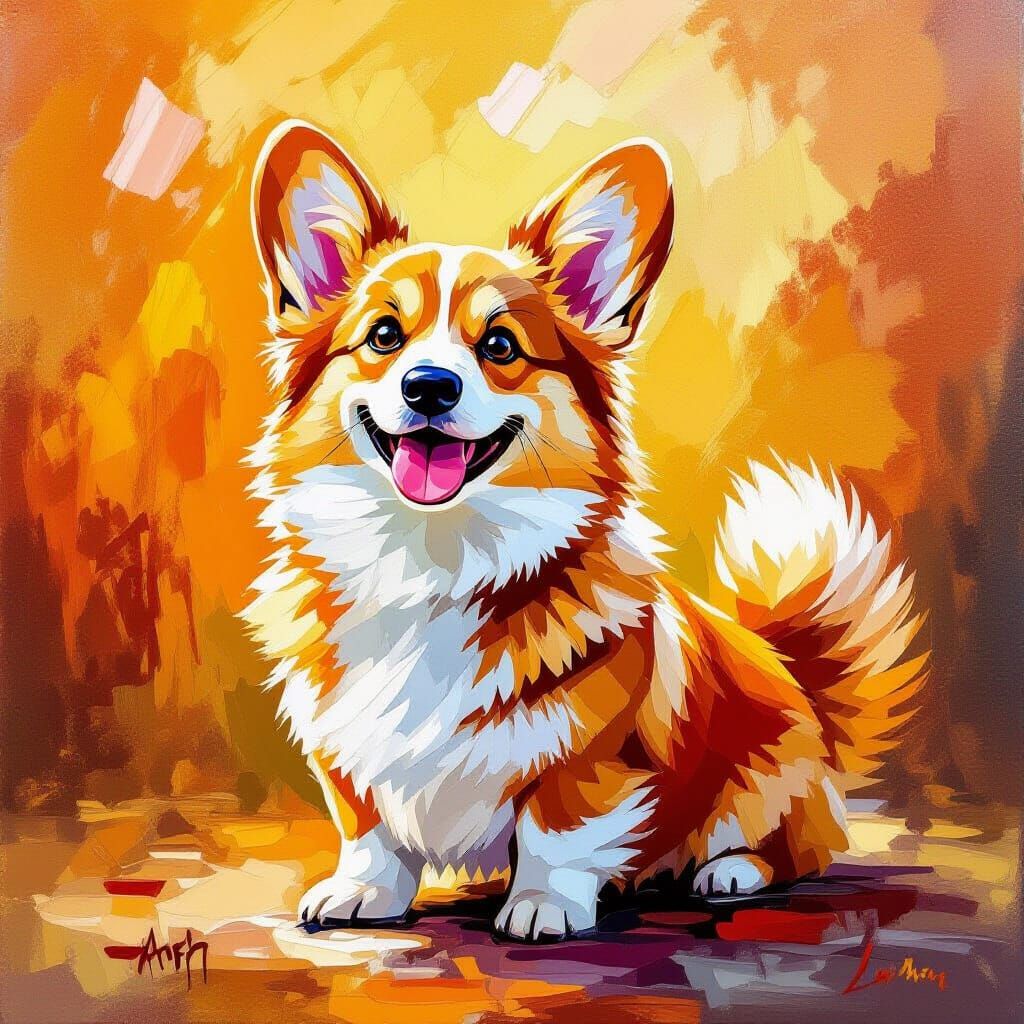 Adorable Fluffy Corgi in Expressionistic Oil Painting Style