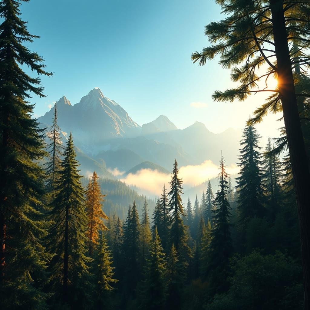 Lush Forest and Mountains, Whimsical Art Style