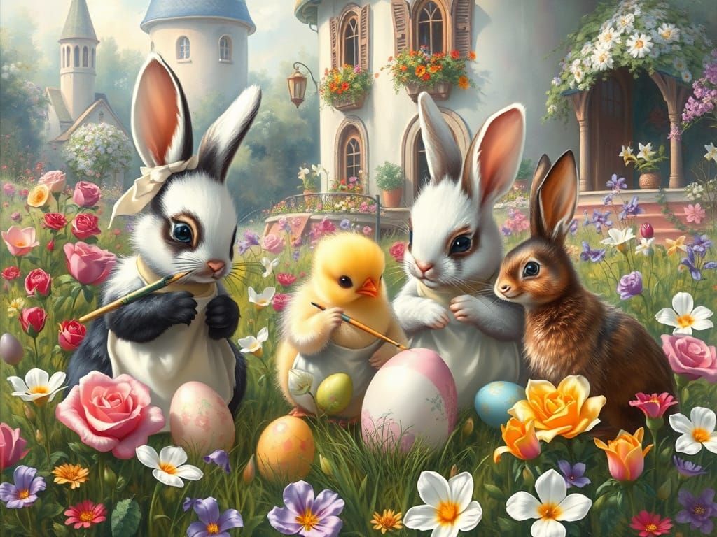 Bunnies Painting Easter Eggs in Fantasy Meadow