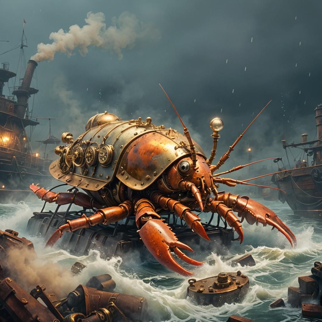 Steampunk Lobster and Engine in Foggy Harbor