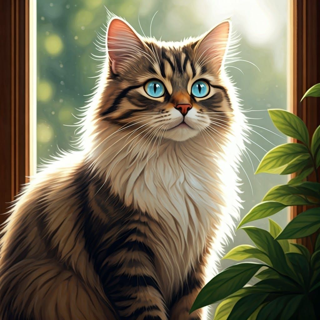 Adorable Fluffy Cat in Whimsical Illustration Style