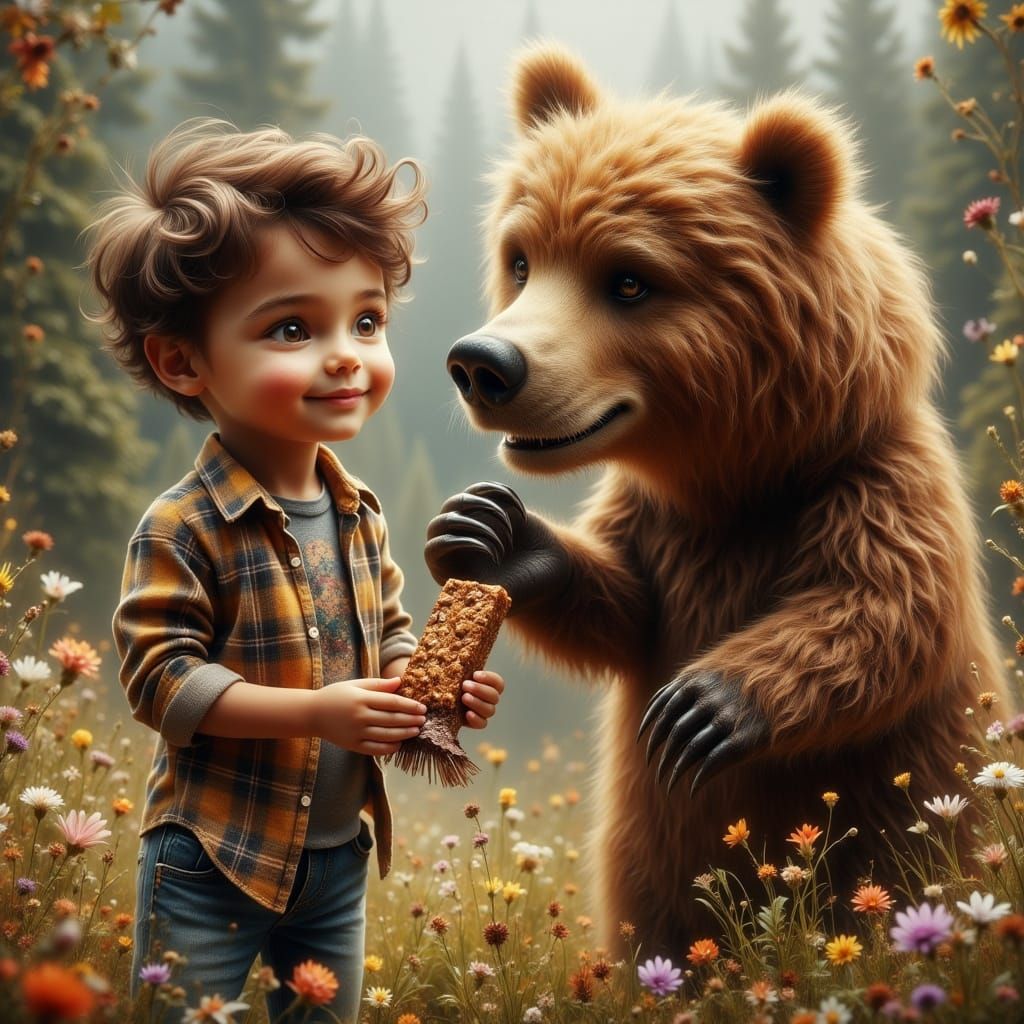 Boy and Grizzly Bear Share a Snack