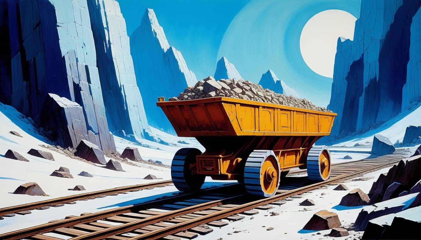Retro Futuristic Mine Cart Conquers Crystal Mine Landscape