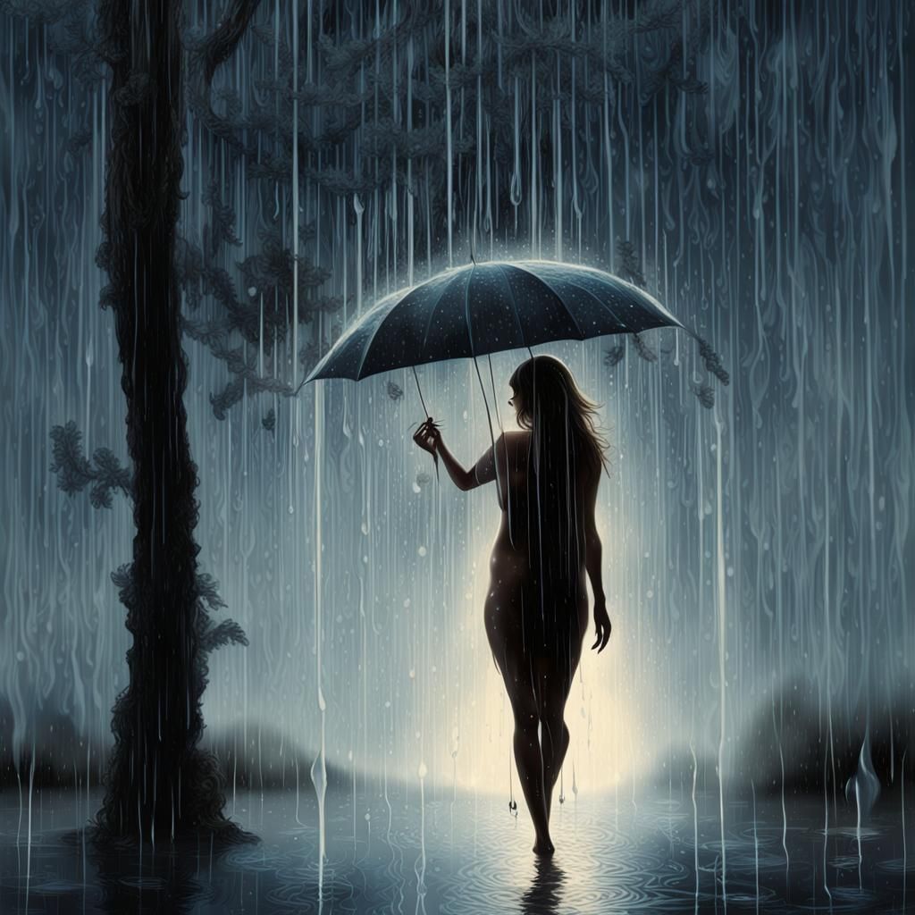 Bioluminescent Raindrops on Translucent Silhouette