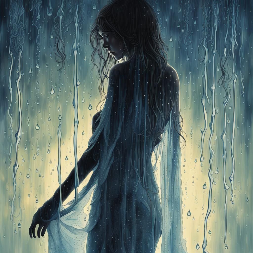 Bioluminescent Raindrops on Translucent Female Form