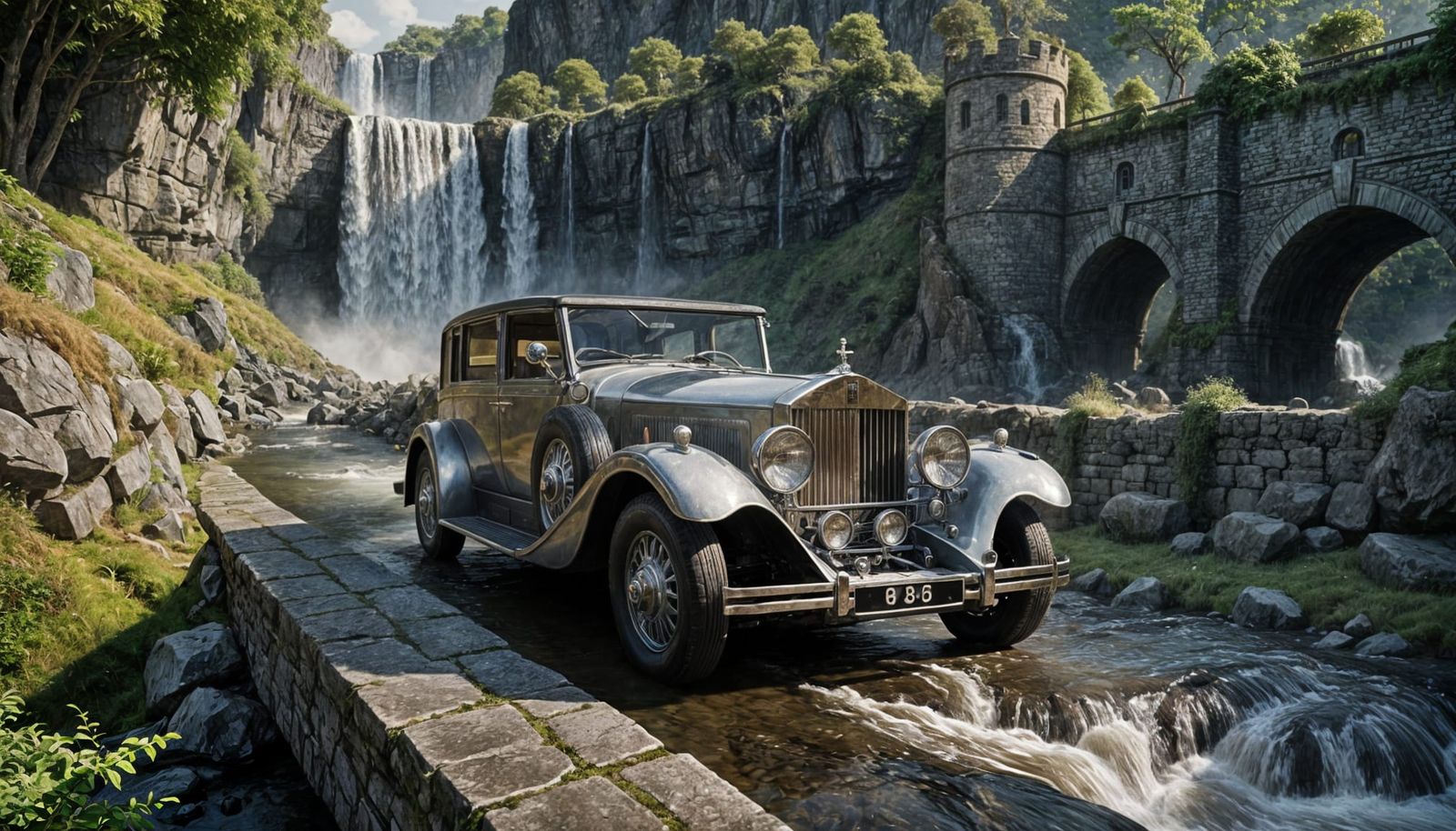 Vintage Rolls Royce on Stone Bridge: Fantasy Concept Art