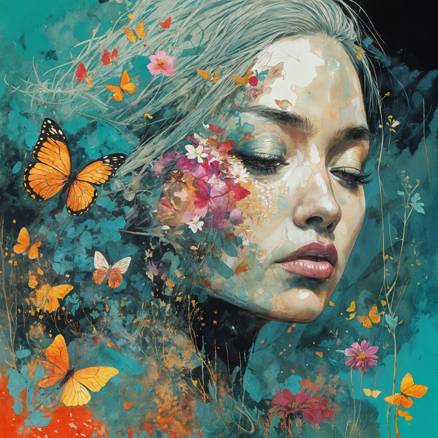 Surreal Portrait with Flowers in Double Exposure Style