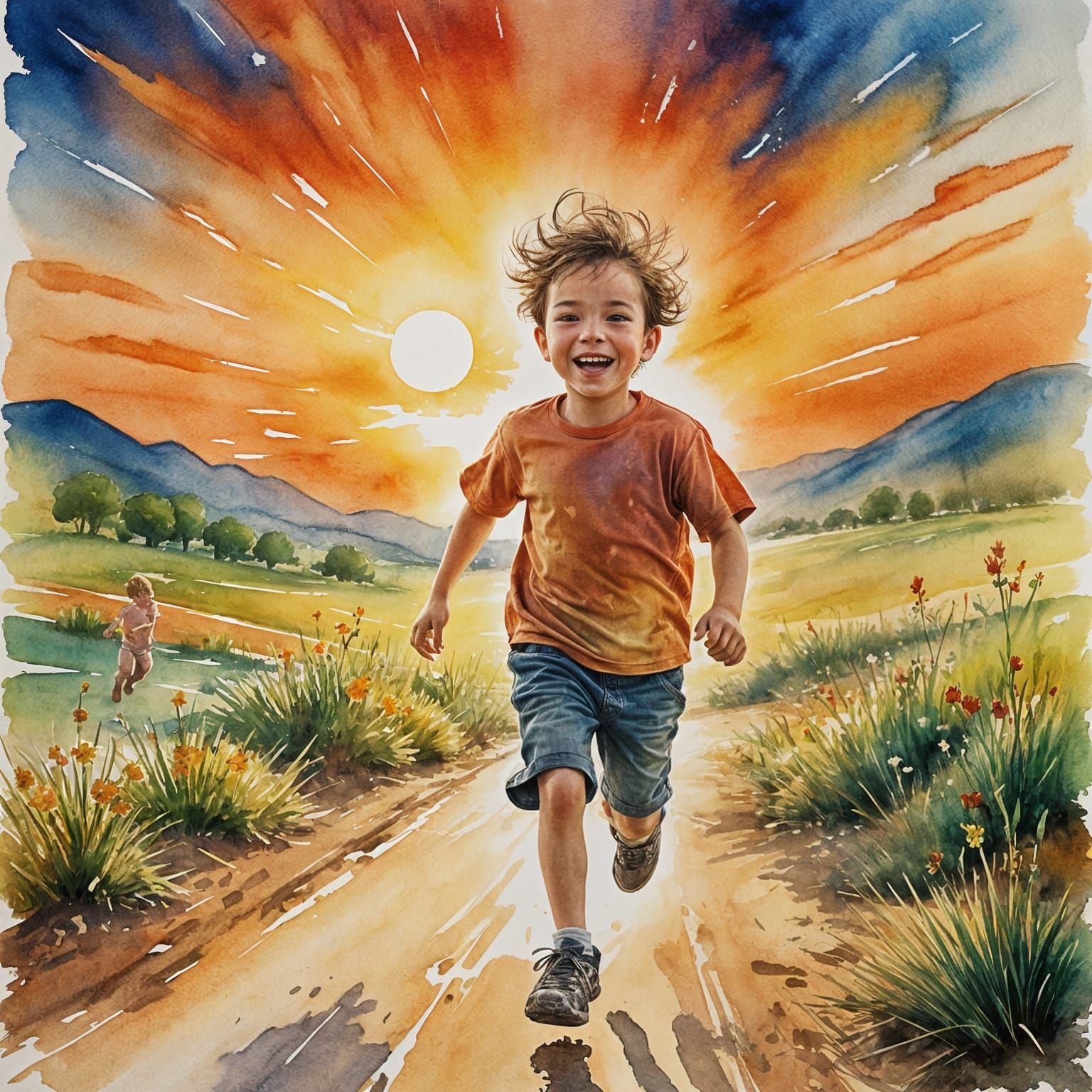 Joyful Boy Runs Towards Ethereal Sunset in Watercolor