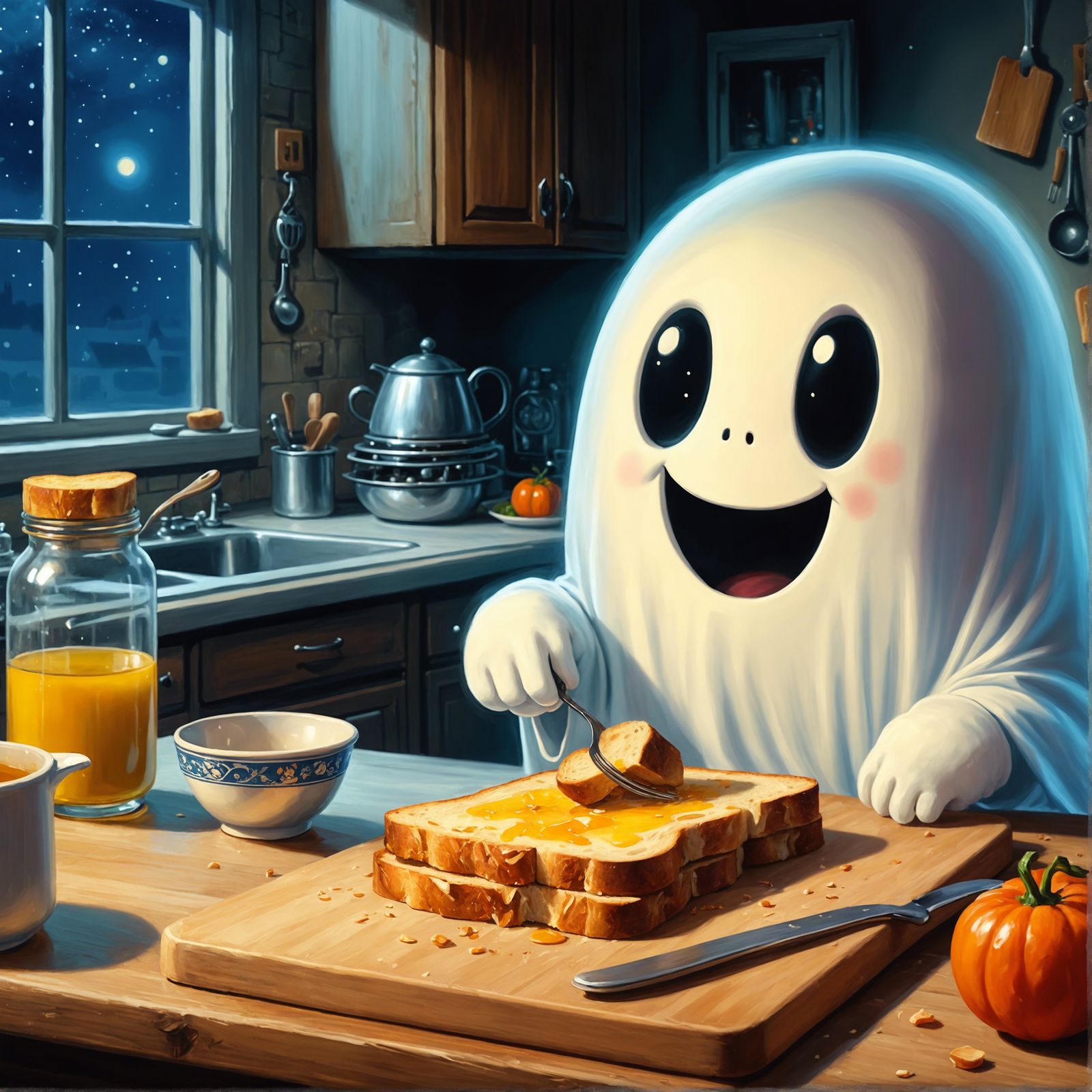Happy Cartoon Ghost Making Toast, CGI Oil Painting