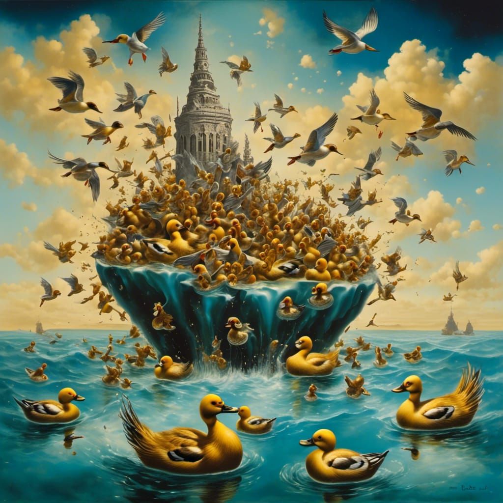 Surreal Ducks in Starry Sky, Dali Style