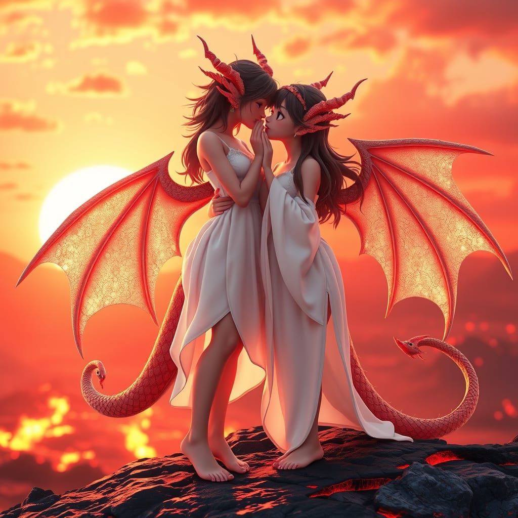 Surreal Anime Goddesses Bask in Scarlet Sunset Amidst Lava F...