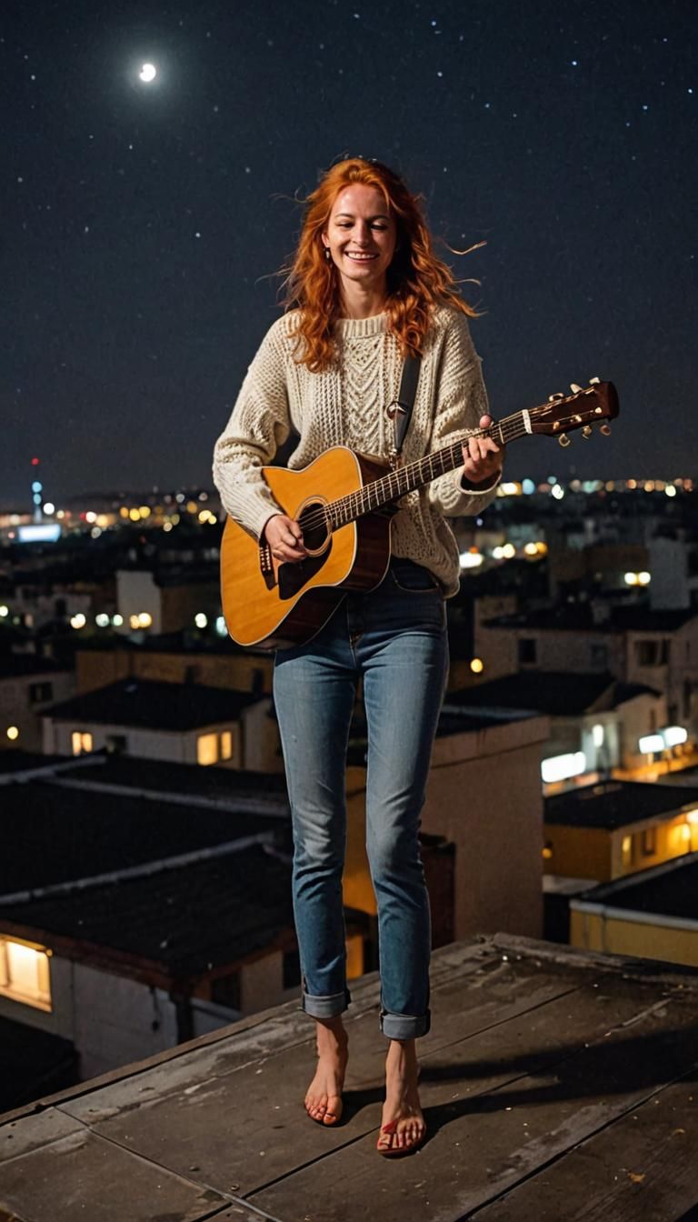 Barefoot Hippie Girl on Rooftop, Comic Book Art