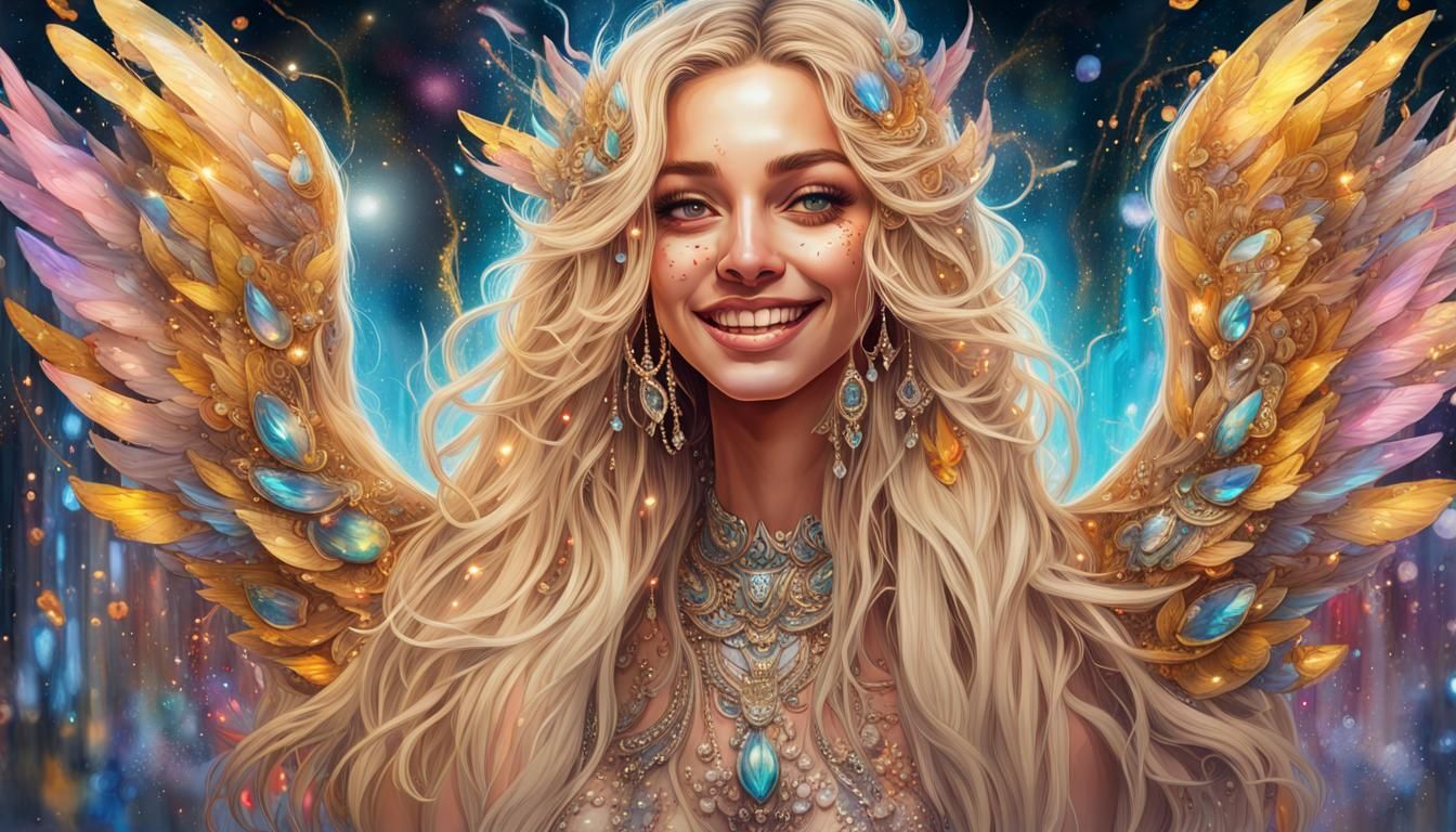 Cosmic Twins Portrait with Golden Gems in Fantasy Art