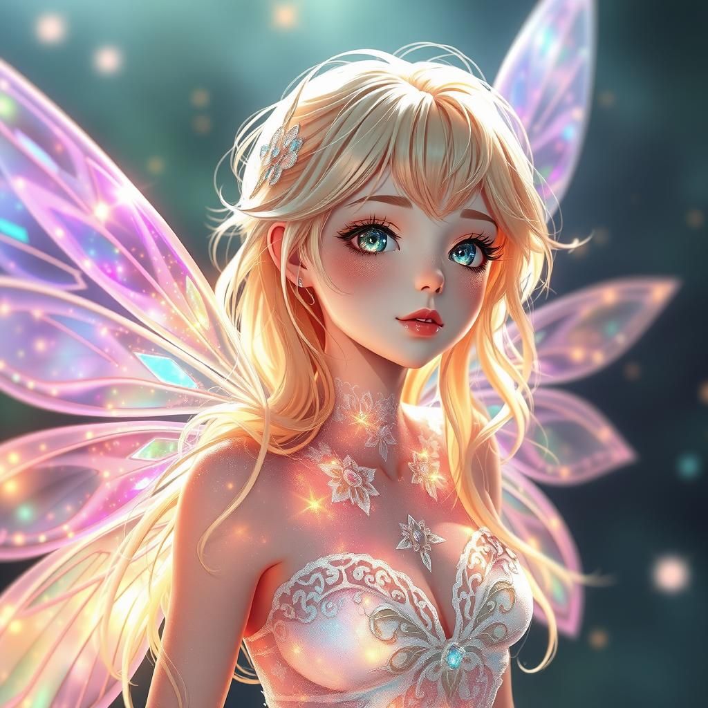 Ethereal Blonde Spirit with Iridescent Wings in Anime Style