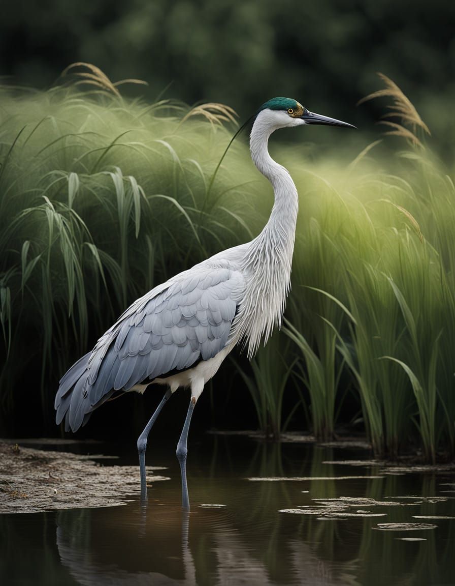 Majestic Crane in Realistic Oil Painting Style