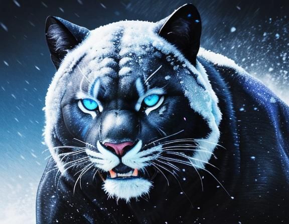 Neon-Eyed Panther Stalks Snowy Mountain in Hyperrealism