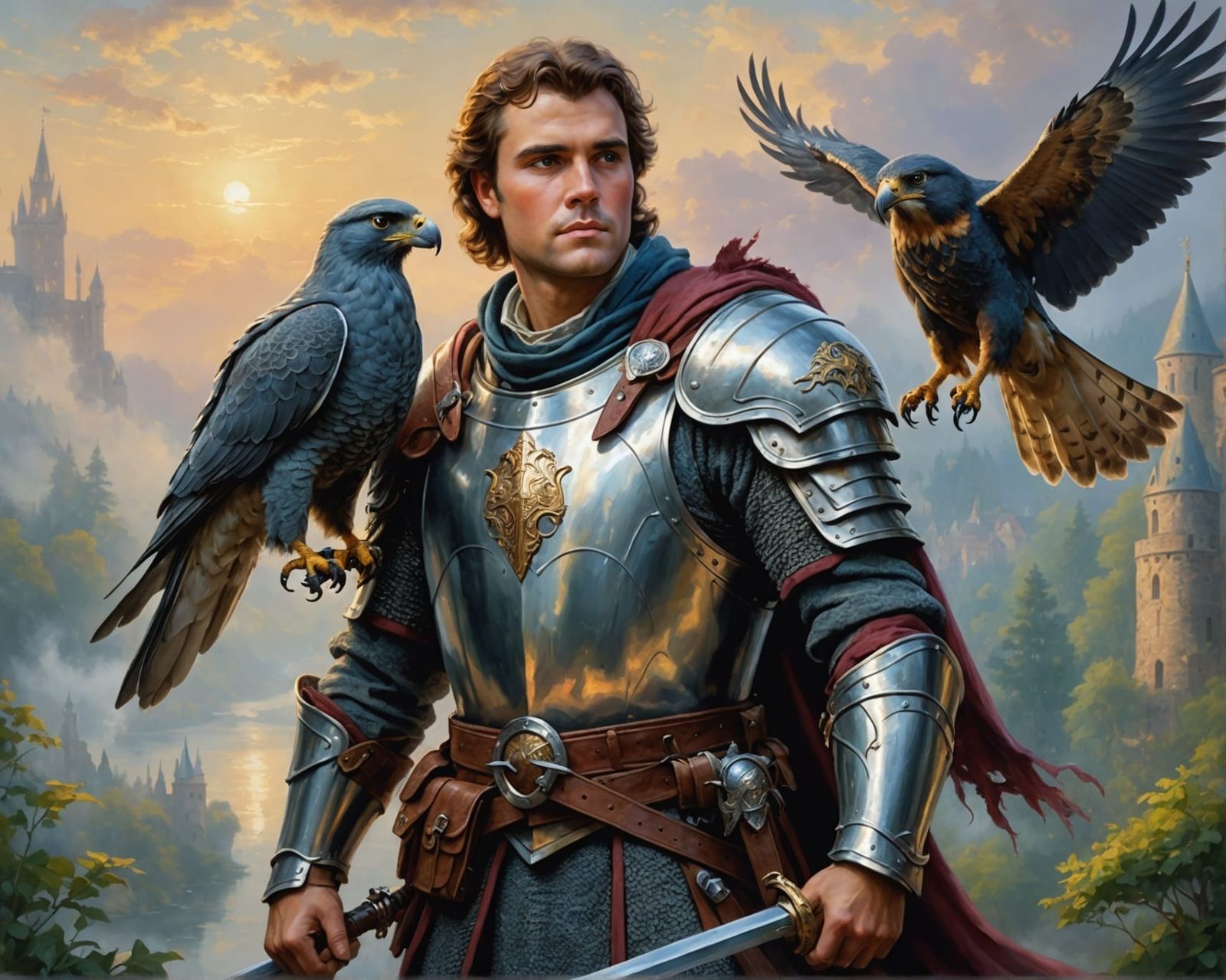 Handsome Knight with Falcon in Ethereal Oil Painting