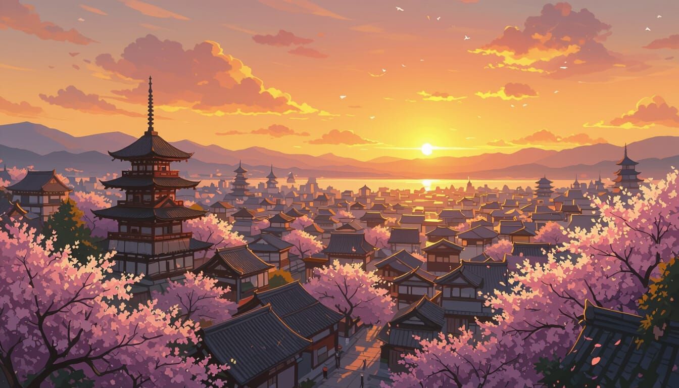 Japanese City Sunset with Cherry Blossoms: Anime Style