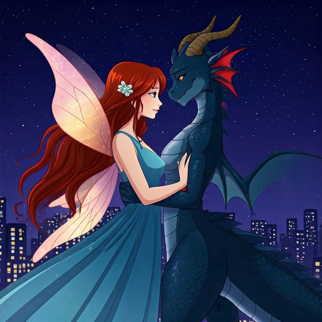 Fairy and Dragon Girls Embrace Under Starry Sky