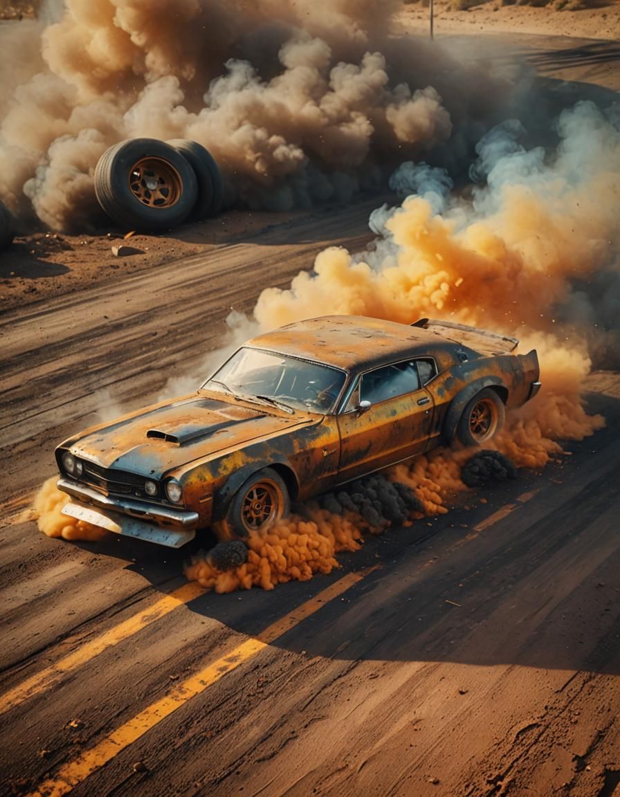 Rusty Car Drifting in Hyper-Realistic Digital Art