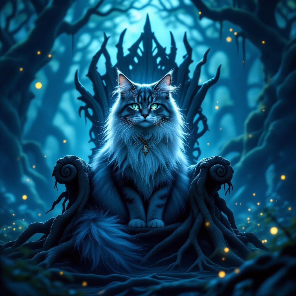 Mystical Cat on Root Throne in Bioluminescent Forest