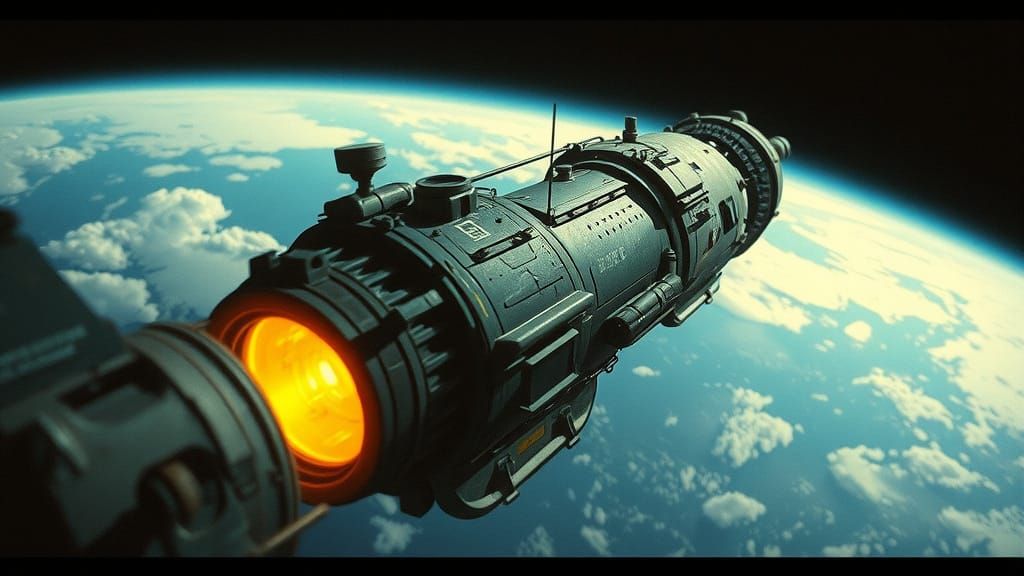 Rusty Spaceship Orbiting Earth in Cinematic Lighting