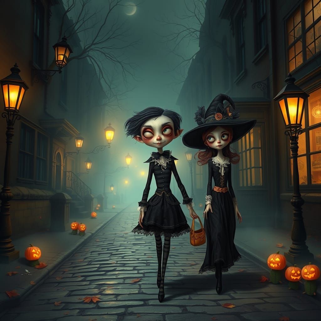 Tim Burton-Inspired Characters on Foggy Victorian Street