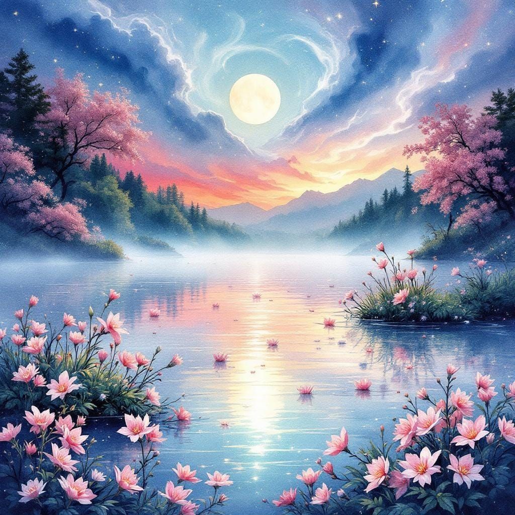 Dreamy Lake Glade at Night in Watercolor Style