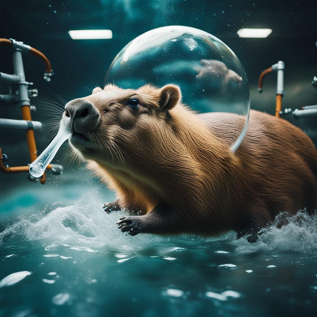 Capybara in Zero Gravity Water Sphere