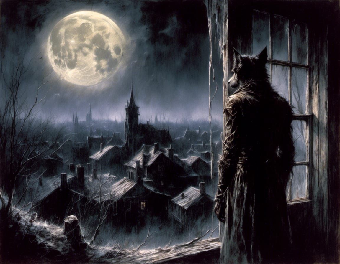 Teenager and Werewolf Illustration in Macabre Style