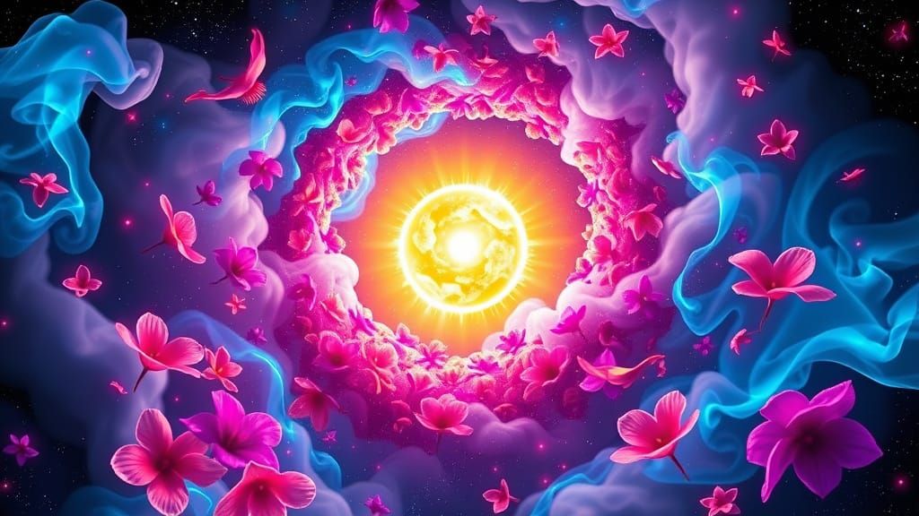 Neon Flowers in Fibonacci Spiral Nebula