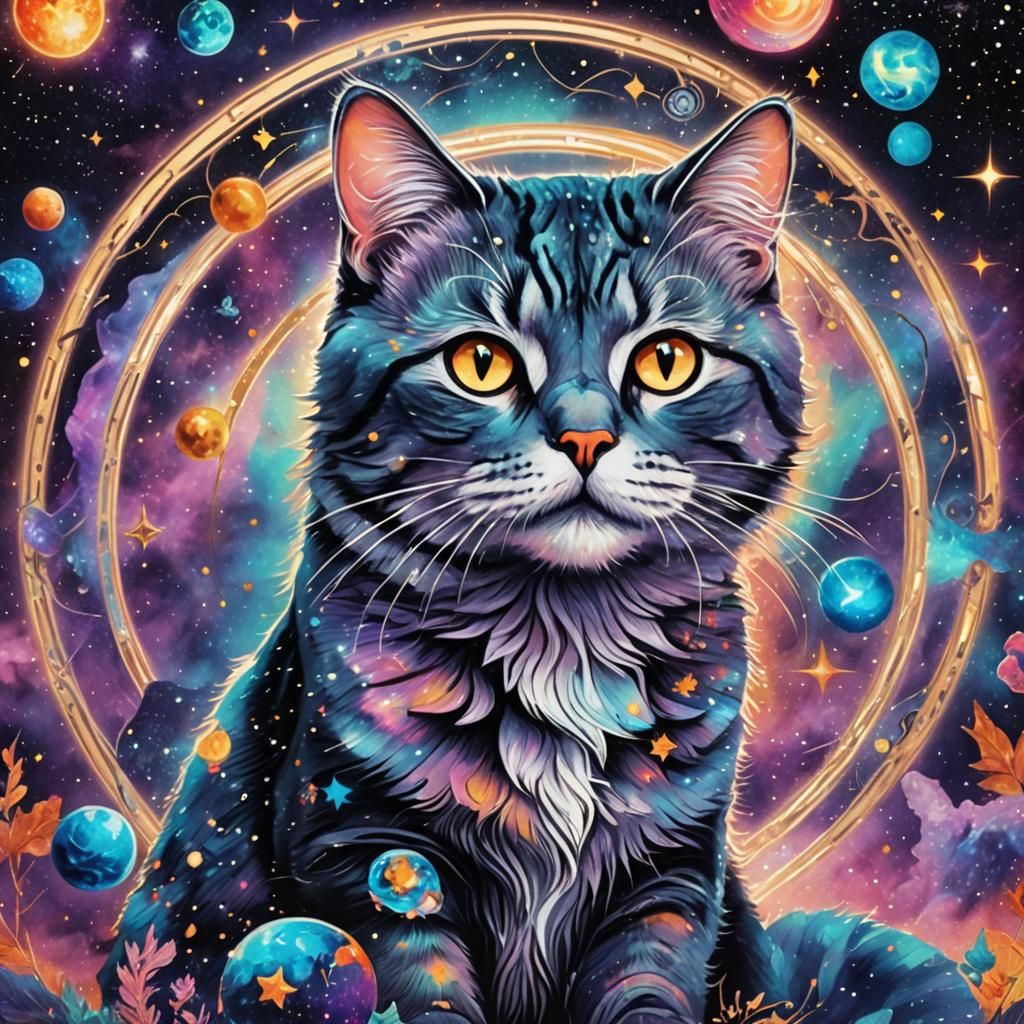 Cosmic Galaxy Cat Illustration in Holographic Style