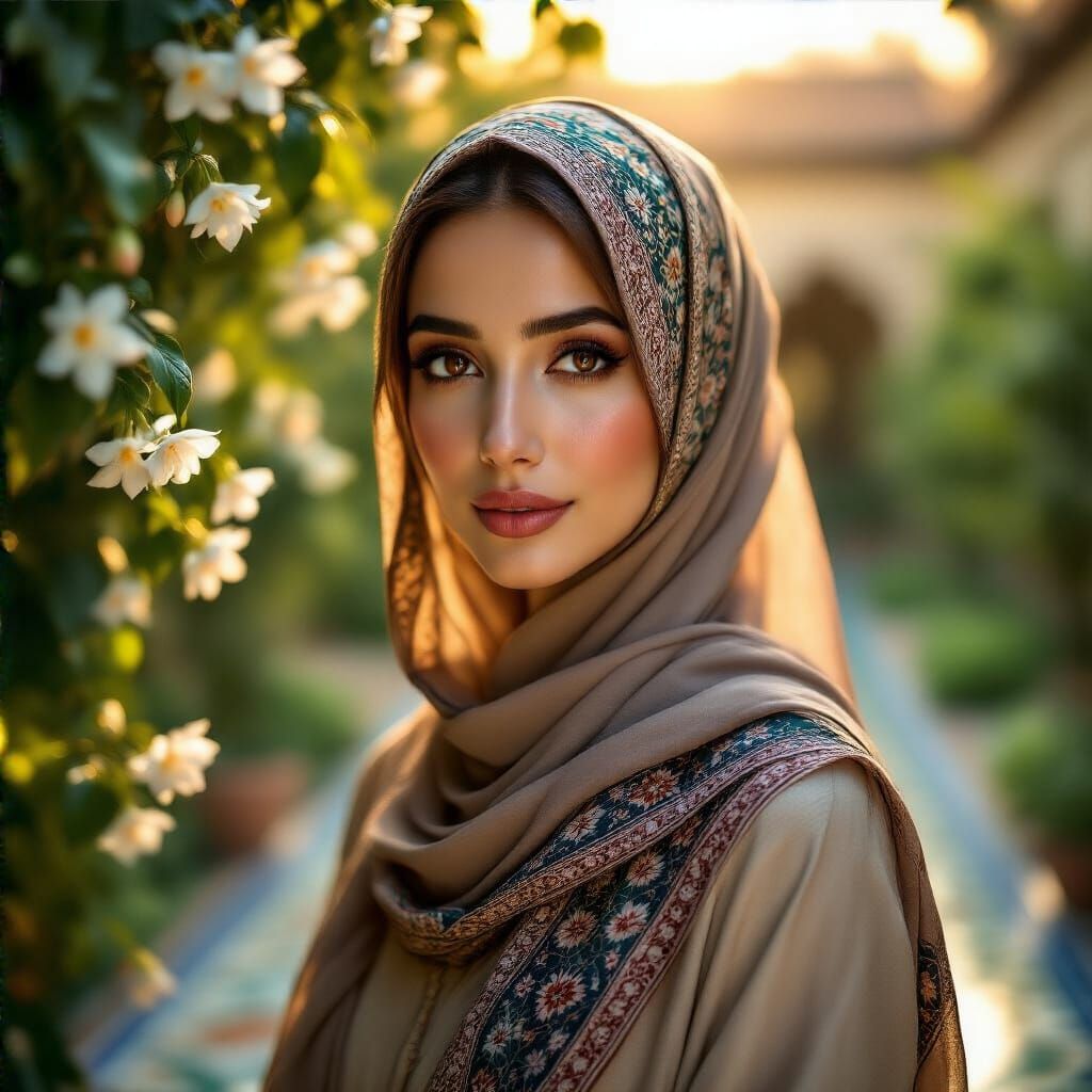 Serene Woman in Hijab, Golden Hour Portrait