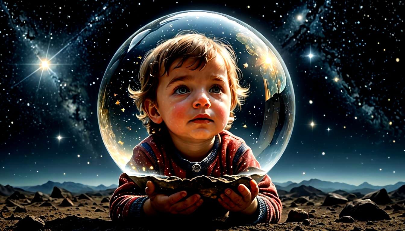 Child Holding Universe in Glass Ball