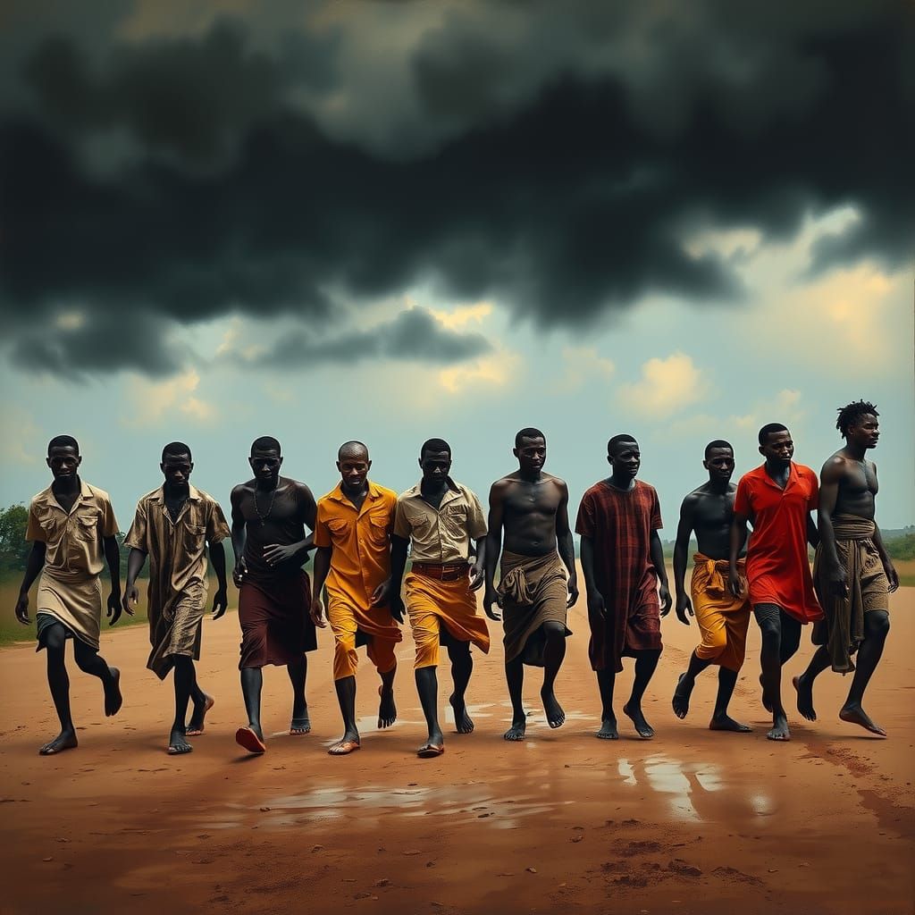 Men Walking Under Rain Clouds in Chiaroscuro Style