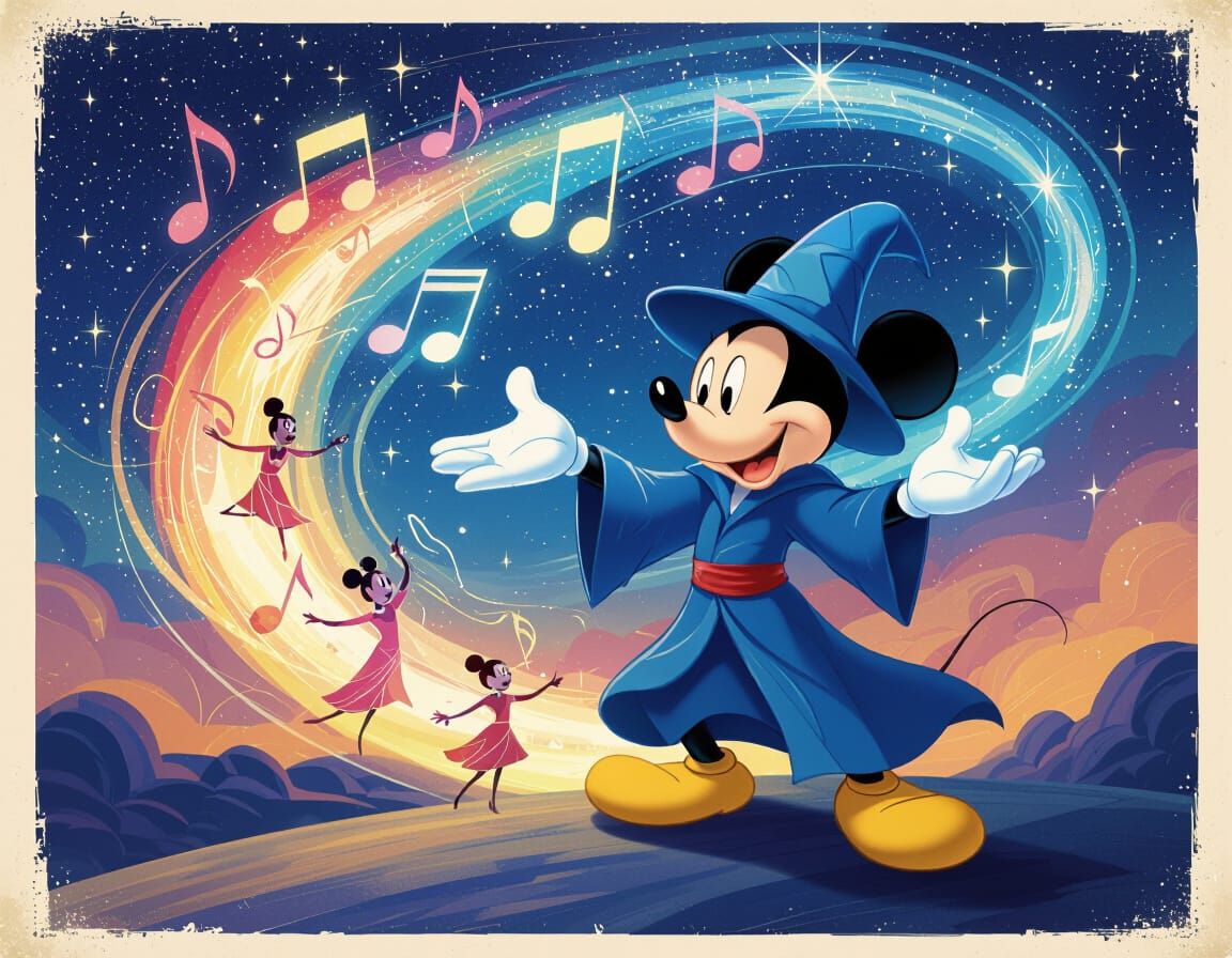 Mickey Mouse as Sorcerer Conjures Musical Notes in Cosmic Ba...