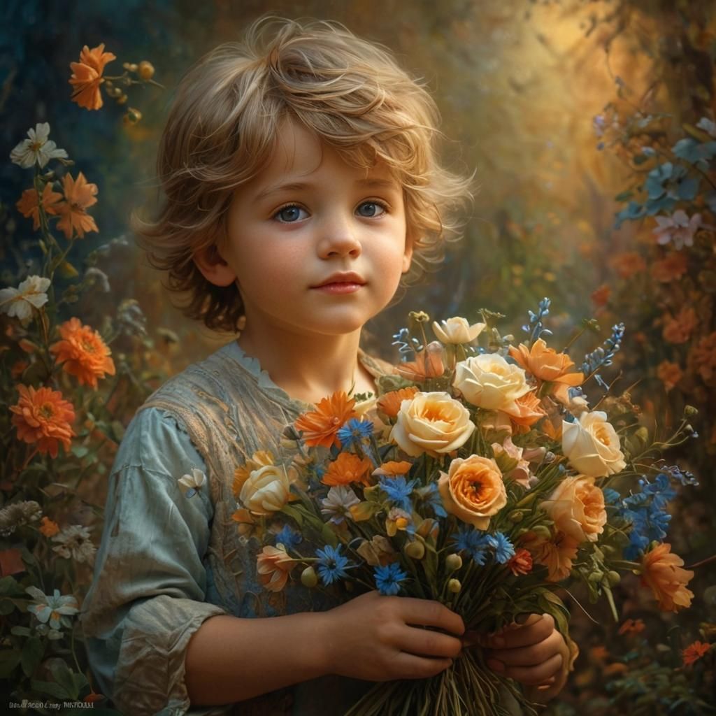 Sweet Boy with Battered Flowers, Tender Mother's View