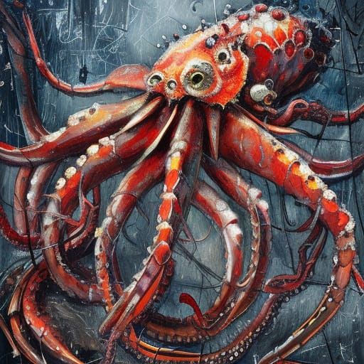 Gothic Orchestra: Giant Prawn Octopus in Oil Painting Style