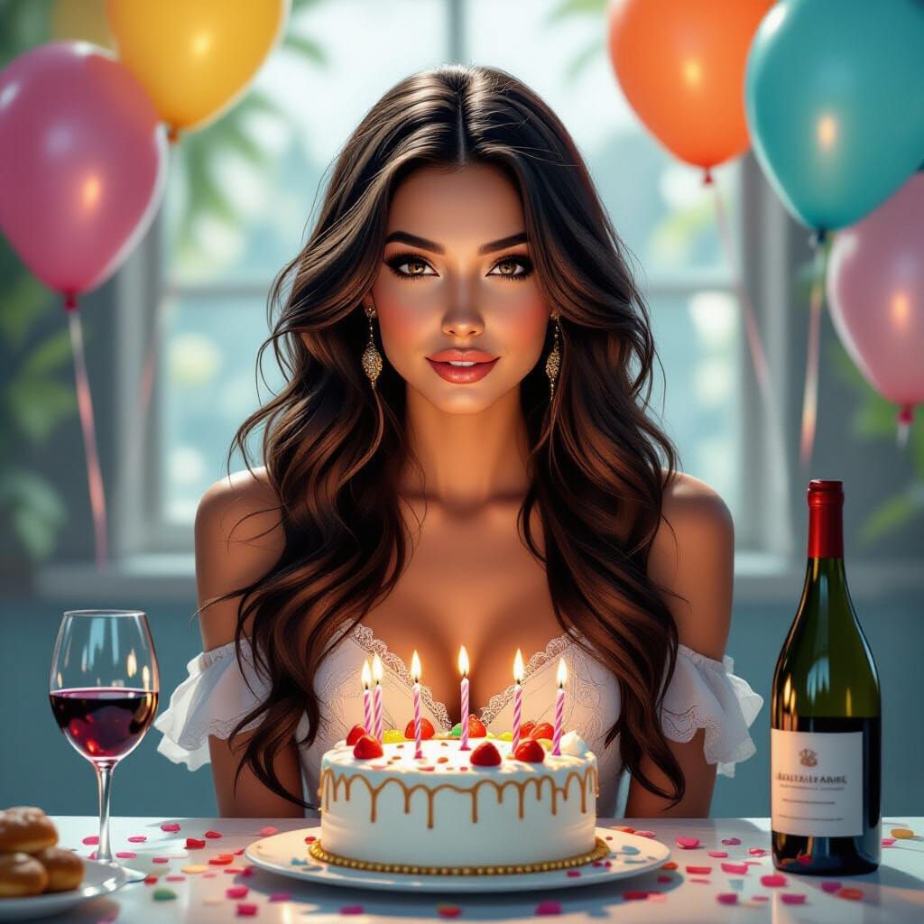 Brunette Birthday Girl Celebrates with Cake, Wine, and Ballo...