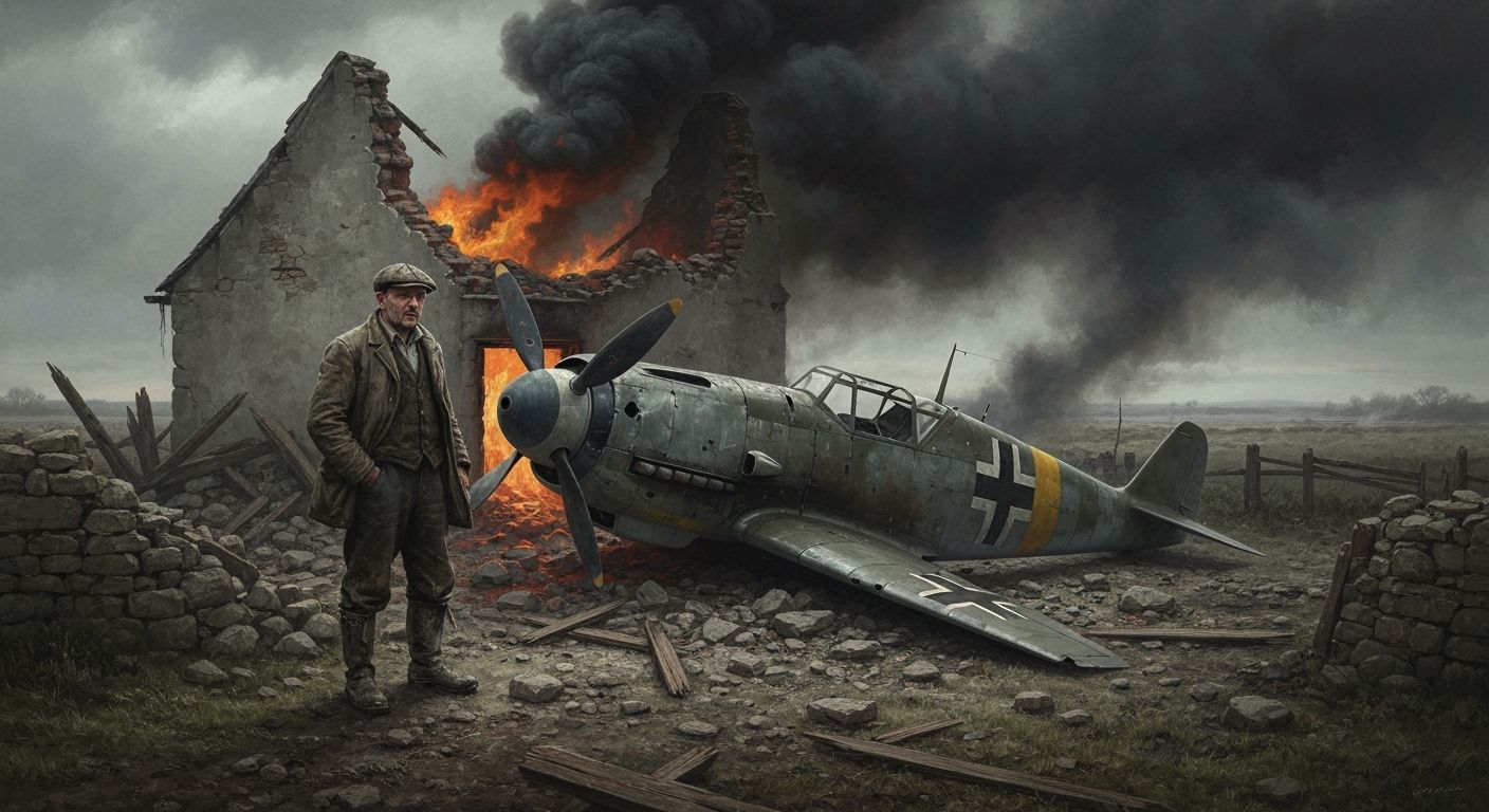 Wrecked Messerschmidt Amidst Cottage Ruins in Oil Painting