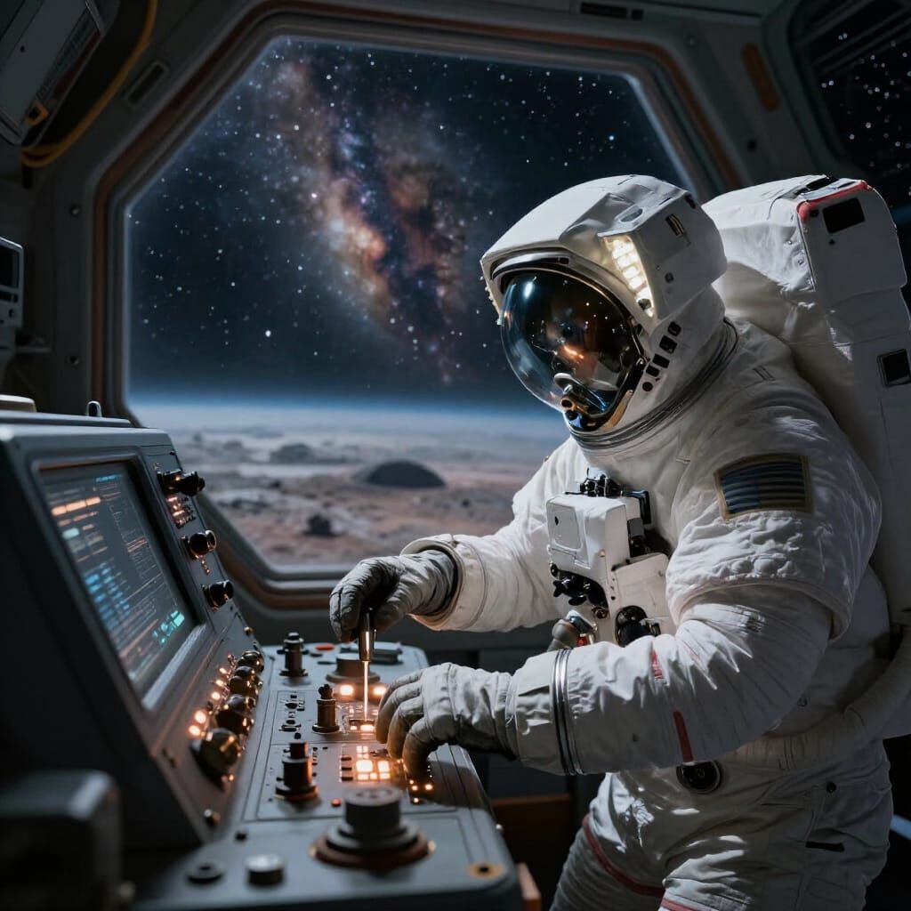 Astronaut Calibrating Alien Tech in Cinematic Style