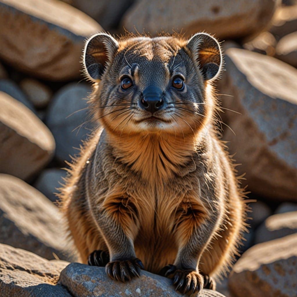 Baby Rock Hyrax on Sunlit Rocks, Ultra-Realistic Wildlife Ph...