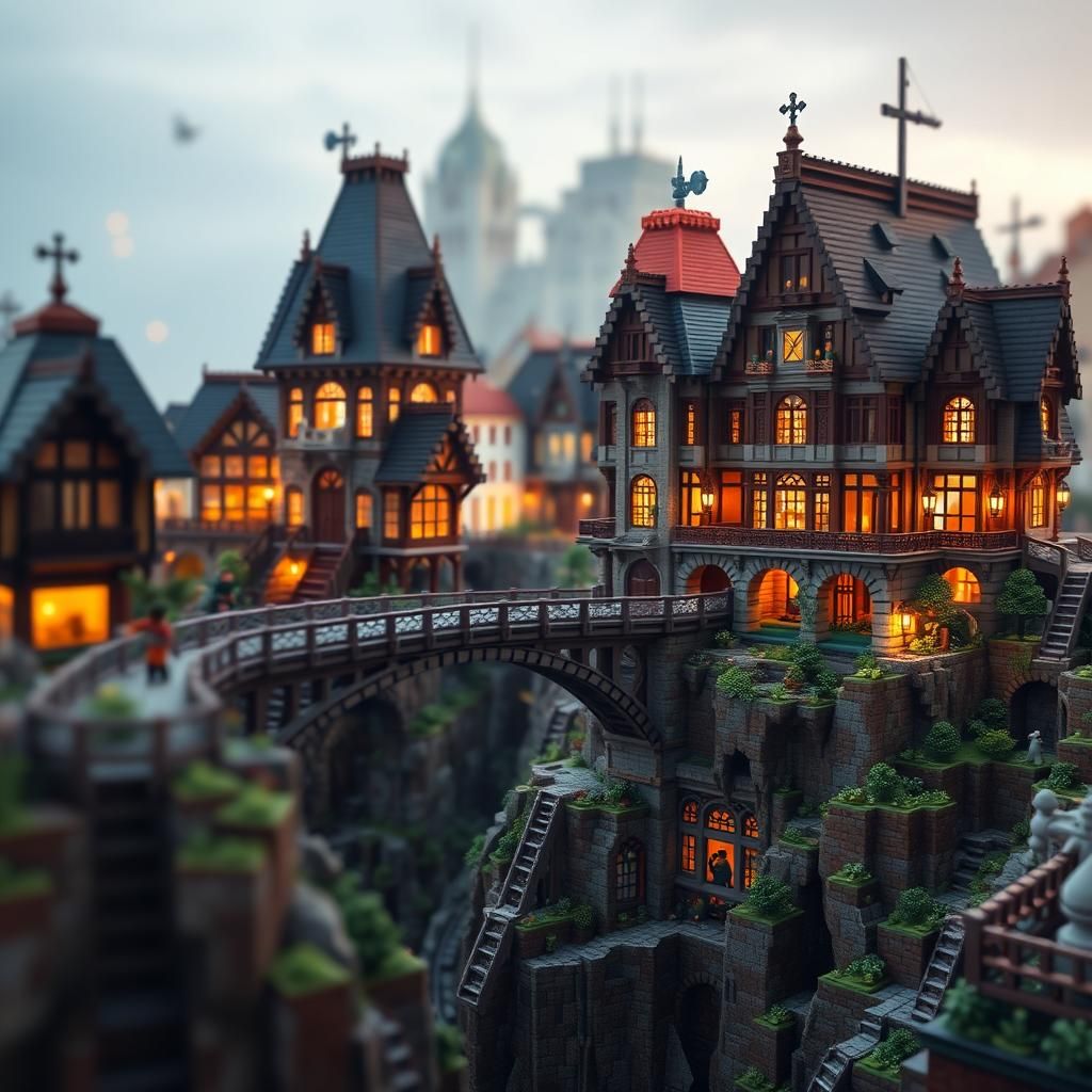 Minecraft Buildings Connected by Bridges: Professional Photo