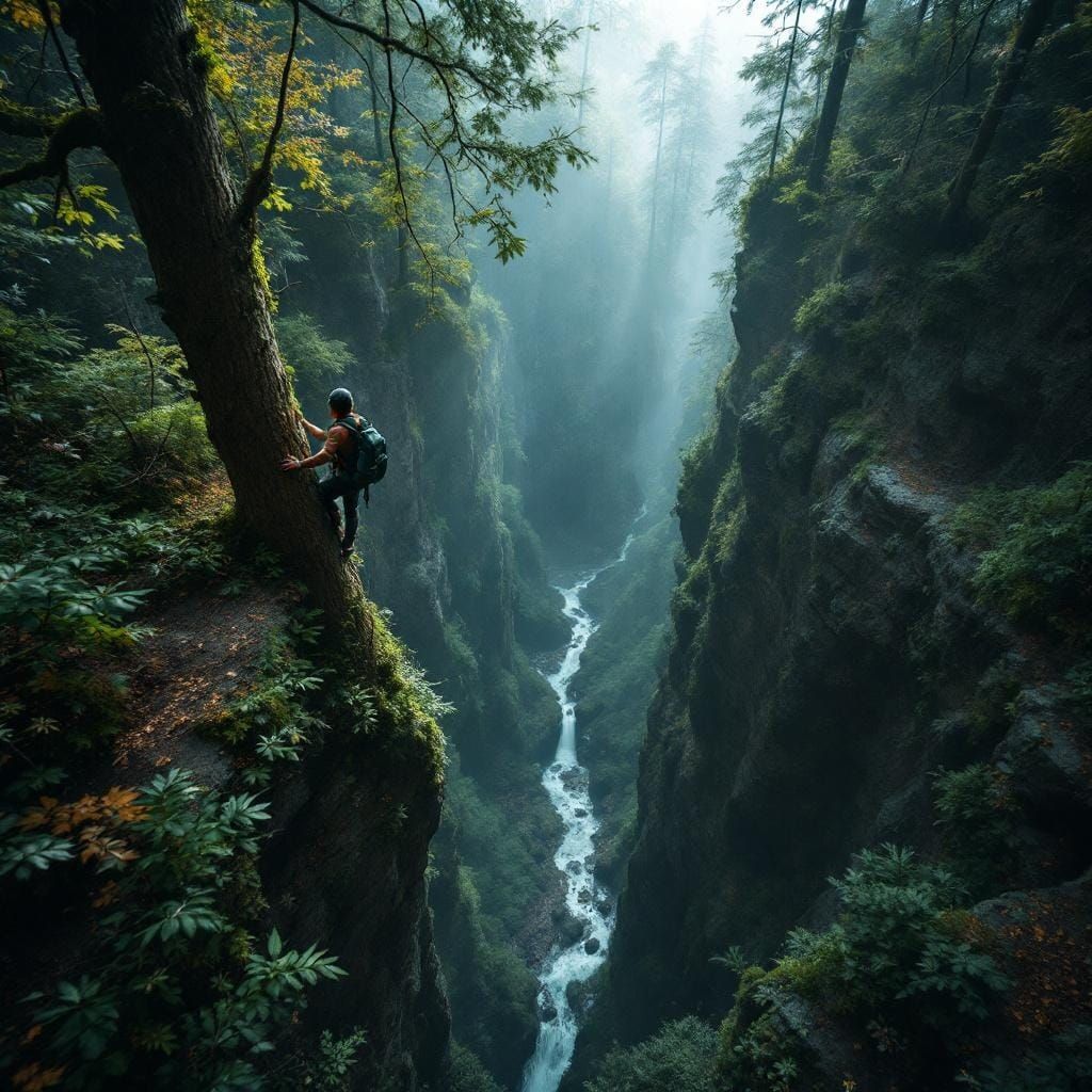 Surreal Upside-Down Forester in Deep Ravine