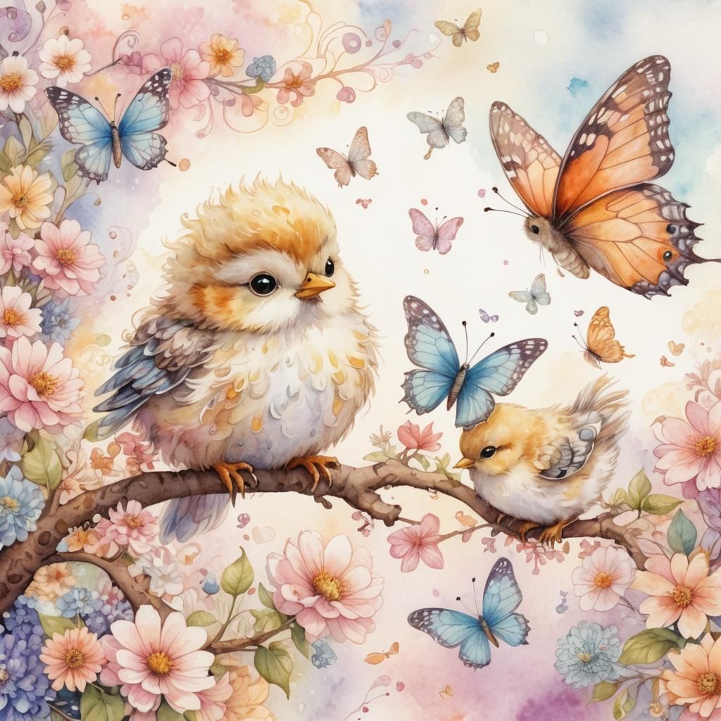 Whimsical Chicks and Butterflies in Watercolor Style