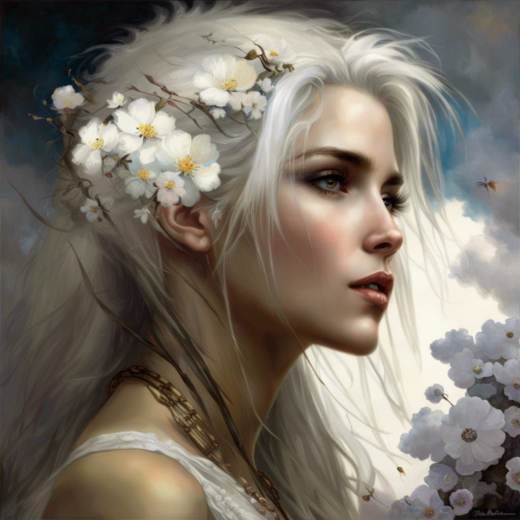 Dreamy Portrait of Girl with Cloud Hair and Flowers