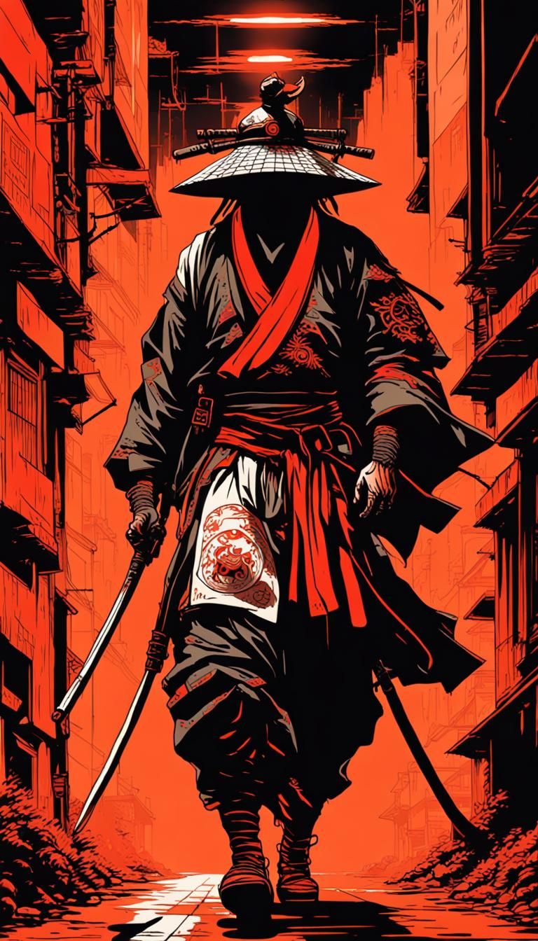Ancient Samurai Warrior in Cyberpunk Street Art