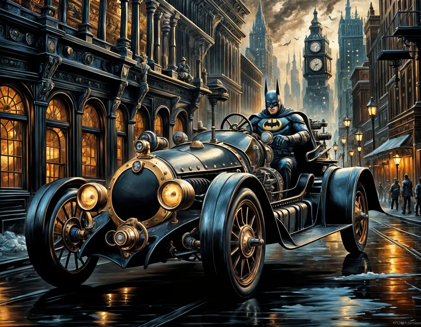 Steampunk Batmobile in Gotham: Detailed Oil Painting